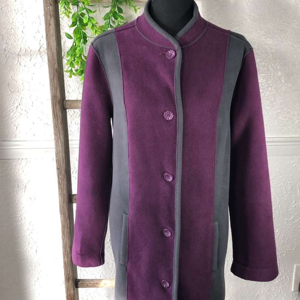 Susan Graver Fleece Purple Gray Long Button Up Coat Color. Block Trench Coat - Picture 1 of 16